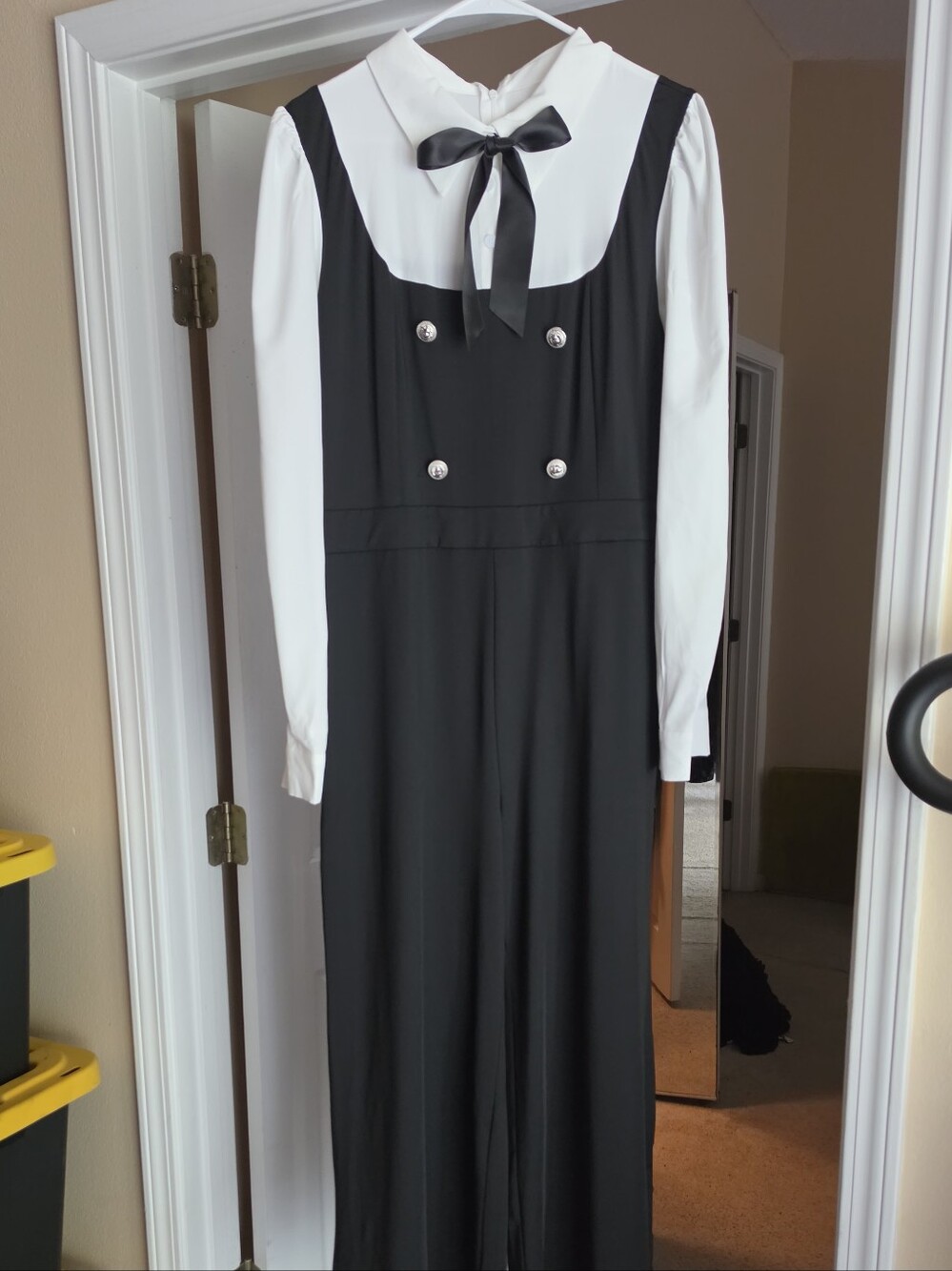 Women's Black and White Long-Sleeve Jumpsuit with Bow Collar